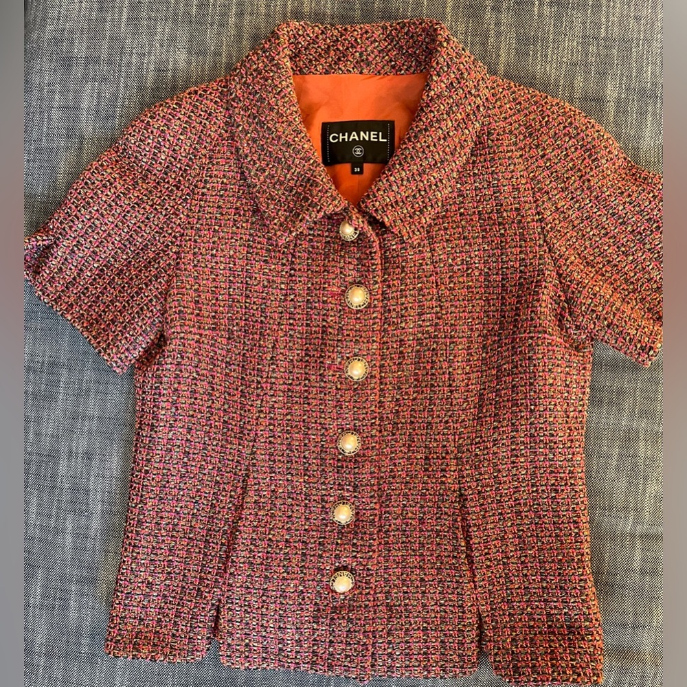 CHANEL 2019 Pink Fuchsia Orange Green Metallic Tweed Short Sleeve Jacket 38 P19